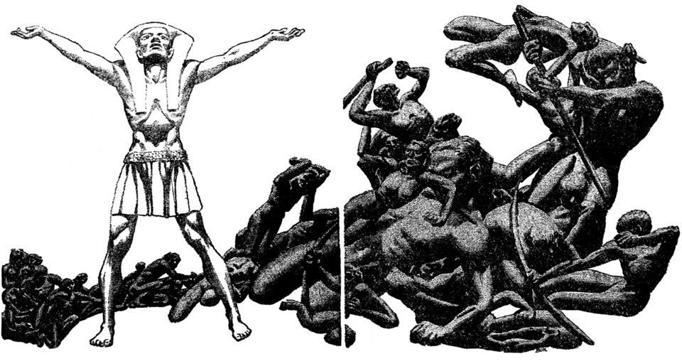 Black and white illustration of a man in Egyptian costume with his eyes raised to the sky and his arms raised. Behind and to the side of him is a mass of other figures.