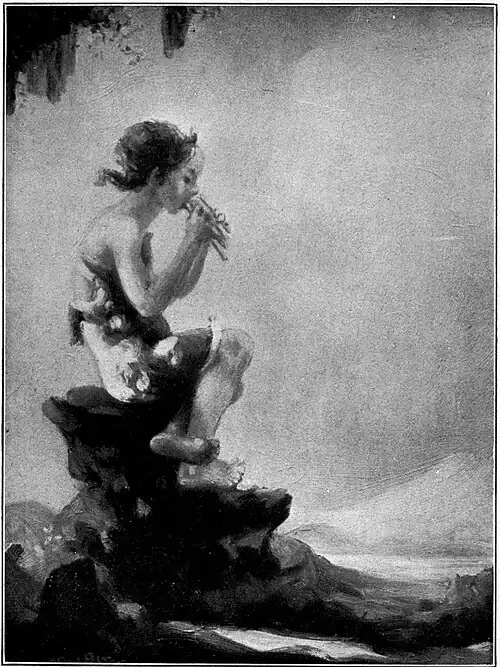 Pan-like girl seated on a rock, playing a flute