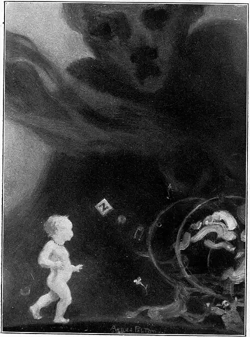 Walking baby, toys, and huge dark spectre