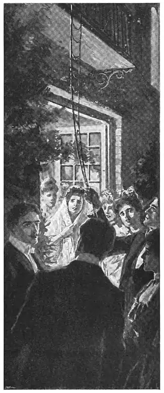 Illustration of a crowd gathered round a rope ladder dangling from a balcony