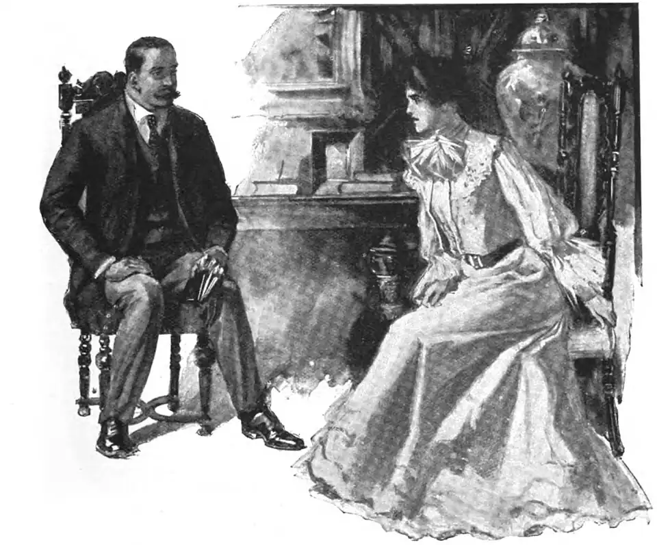 Illustration of a man and woman seated amid rich furnishings, the woman leaning forward boldly