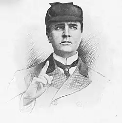 Bust [photo/sketch art style?] of William Gillette as Sherlock Holmes, looking up [describe expression] with his right index finger raised.