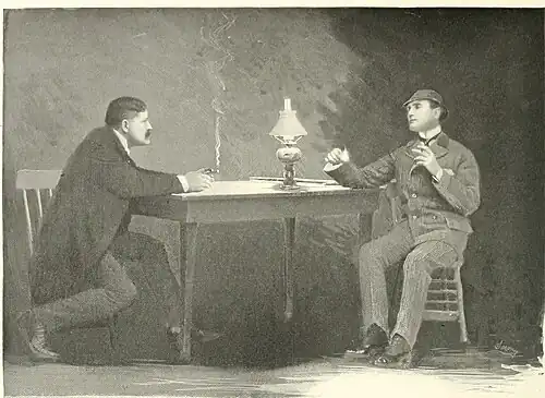 [Name] as Jim Larrabee and William Gillette as Sherlock Holmes [describe scene], photographed by Sarony.