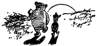 Winnie-the-Pooh and Piglet walking toward a sunset