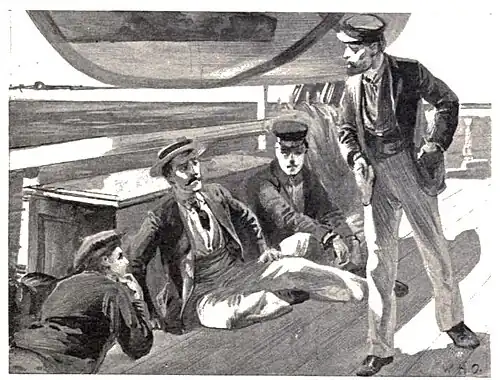 Three men lounging on deck facing one standing sailor