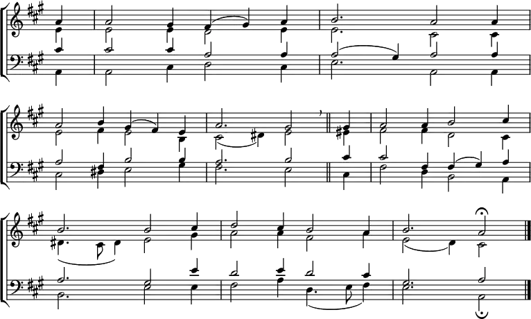 \new ChoirStaff <<
\new Staff { \clef treble \time 6/4 \key a \major \partial 4 \set Staff.midiInstrument = "church organ" \omit Staff.TimeSignature \set Score.tempoHideNote = ##t \override Score.BarNumber #'transparent = ##t
\relative c''
<< { a4 a2 gis4 fis( gis) a | b2. a2 a4 \break
a2 b4 gis4( fis) e | a2. gis2 \breathe \bar"||" gis4 | a2 a4 b2 cis4 \break
b2. b2 cis4 | d2 cis4 b2 a4 | b2. a2 \fermata \bar"|." } \\
{ e4 | e2 e4 d2 e4 | e2. cis2 cis4 |
e2 fis4 e2 b4 | cis2( dis4) e2 eis4 | fis2 fis4 d2 cis4 |
dis4.( cis8 dis4) e2 gis4 | a2 a4 fis2 a4 | e2( d4) cis2 } >>
}
\new Staff { \clef bass \key a \major \set Staff.midiInstrument = "church organ" \omit Staff.TimeSignature
\relative c'
<< { cis4 | cis2 cis4 a2 a4 | a2( gis4) a2 a4 |
a2 fis4 b2 b4 | a2. b2 cis4 | cis2 fis,4 fis( gis) a |
a2. gis2 e'4 | d2 e4 d2 cis4 | gis2. a2 } \\
{ a,4 | a2 cis4 d2 cis4 | e2. a,2 a4 |
cis2 dis4 e2 gis4 | fis2. e2 cis4 | fis2 d4 b2 a4 |
b2. e2 e4 | fis2 a4 d,4.( e8 fis4) | e2. a,2 \fermata } >>
}
>>
\layout { indent = #0 }
\midi { \tempo 4 = 120 }