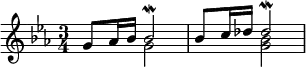 { \time 3/4 \key ees \major \relative g' { << { g8 aes16 bes bes2\mordent bes8 c16 des des2\mordent } \\ { s4 g,2 s4 <bes g>2 } >> } }