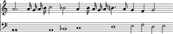 { << \override Score.TimeSignature #'stencil = ##f
\new Staff \relative a' { \cadenzaOn \autoBeamOff
a2. a16 g a b c2 bes a4 bes16 a g a b4. a8 g4 f g2 }
\new Staff \relative a, { \clef bass
a\breve*1/2 a1*1/2 bes c d e2*1/2 f d e } >> }