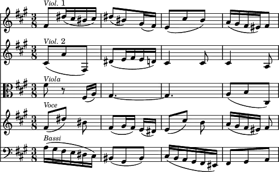 {  \override Score.Rest #'style = #'classical
   \key a \major \time 3/8 
  << \clef treble
     { fis'8^\markup { \small \italic Viol. 1 } dis''16( cis'' bis' cis'') |
       dis''8( bis') gis'16( fis') |
       e'8( cis'' b') | a'16( gis' fis' eis') fis'8 | } 
   \new Staff 
      { \clef treble \key a \major
       { cis'8(^\markup { \small \italic Viol. 2 } a' fis) |
         dis'8( e'16 fis' e' d') |
         cis'4 cis'8 | cis'4 a8 } }
   \new Staff
      { \clef alto \key a \major
       { fis'8^\markup { \small \italic Viola } r fis16( a) |
         gis4. ~ | gis | a8( b cis) } }
   \new Staff 
      { \new Voice = "voce" \clef treble \key a \major
        { fis'8([^\markup { \small \italic Voce } dis'')] bis' |
          fis'([ gis'16 fis')] e'( dis') | e'8([ cis'')] b' | 
          a'16([ gis' fis' eis')] fis'8 } } 
  \new Lyrics \lyricsto "voce" { dir ge -- bäh -- ren treu -- er Je -- su }
  \new Staff 
      { \clef bass \key a \major
       { a16(^\markup { \small \italic Bassi } gis fis e dis cis) |
         bis,8( gis, bis,) |
         cis16( b, a, gis, fis, eis,) | fis,8 gis, a, } }
  >> 
}