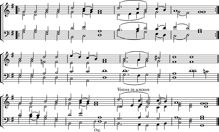 
\new ChoirStaff <<
  \new Staff { \clef treble \time 4/2 \key g \major \set Staff.midiInstrument = "church organ" \omit Staff.TimeSignature \set Score.tempoHideNote = ##t \override Score.BarNumber  #'transparent = ##t
  \relative c''
  << { \bar".|:" g2 g b b | d c4( b) a1 | d2.( c4 b2) c4( b) | a1 g \bar":|." \break
       b2 b d d | e4( d) c( b) a1 | b2.( a4 b2) cis | d1 d \bar"||" \break
        g,2 g b b | d c4( b) a1 | 
        ^\markup \italic "Voices in unison" d2.( c4 b2) c4( b) | a1 g \bar"|." } \\
  { d2 d g g | g a4( g) fis1 | d2( e4 fis g2) g | g( fis) g1
    g2 g f f | e e fis1 | g2.( a4 g2) g | fis1 1
    g2 d d g | g a4( g) fis1 | d2. 4 2 c4 d | <e g>2 <d fis> <d g>1 } \\
      { s1 s | s s | s s | s s
       s s | s s | s s | s s 
       s s | s s | d2 e4 fis g2 g } >>
  } 
\new Staff { \clef bass \key g \major \set Staff.midiInstrument = "church organ" \omit Staff.TimeSignature
  \relative c'
  << { b2 b g g | d' e a,1 | b2.( c4 d2) c4( d) | e2( d) b1
       g2 g a b | c c d1 | d1. g,2 | a1 d
       d2 4( c) b2 g | d' e a,1 | g2. a4 b2 g | a1 b } \\
  { g2 g e e | b c d1 | b'2.( a4 g2) e4( d) | c2( d) g1
    e2 e d d | c a d1 | g2.( fis4 g2) e | d1 d'2 c!
    b b4( a) g2 e | b c d1 | b2. a4 g2 a4 b | <c g'>2 <d fis> <g g,>1 } \\
       \tiny \stemDown { s1 s | s s | s s | s s
       s s | s s | s s | s s 
       s s | s d2 _\markup \italic "Org." c } >>
  } 
>>
\layout { indent = #0 }
\midi { \tempo 2 = 80 }
