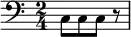 { \time 2/4 \clef bass \stemDown c8[ c c] r }