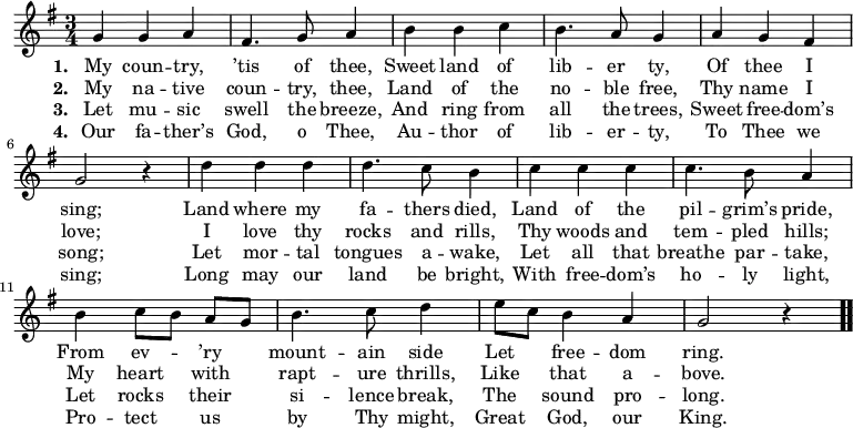 \relative c'' { << \new Voice = "a" { \time 3/4 \key g \major g g a fis4. g8 a4 b b c b4. a8 g4 a g fis g2 r4 d' d d d4. c8 b4 c c c c4. b8 a4 b c8[b] a[g] b4. c8 d4 e8 c b4 a g2 r4 \bar ".." } \new Lyrics \lyricmode { \set associatedVoice = #"a" \set stanza = #"1. " My coun -- try, ’tis4. of8 thee,4 Sweet land of lib4. -- er8 ty,4 Of thee I sing;2 \skip4 Land4 where my fa4. -- thers8 died,4 Land of the pil4. -- grim’s8 pride,4 From ev -- ’ry mount4. -- ain8 side4 Let free -- dom ring.2 \skip4 } \new Lyrics \lyricmode { \set associatedVoice = #"a" \set stanza = #"2. " My4 na -- tive coun4. -- try,8 thee,4 Land of the no4. -- ble8 free,4 Thy name I love;2 \skip4 I4 love thy rocks4. and8 rills,4 Thy woods and tem4. -- pled8 hills;4 My heart with rapt4. -- ure8 thrills,4 Like that a -- bove.2 \skip4 } \new Lyrics \lyricmode { \set associatedVoice = #"a" \set stanza = #"3. " Let4 mu -- sic swell4. the8 breeze,4 And ring from all4. the8 trees,4 Sweet free -- dom’s song;2 \skip4 Let4 mor -- tal tongues4. a8 -- wake,4 Let all that breathe4. par8 -- take,4 Let rocks their si4. -- lence8 break,4 The sound pro -- long.2 \skip4 } \new Lyrics \lyricmode { \set associatedVoice = #"a" \set stanza = #"4. " Our4 fa -- ther’s God,4. o8 Thee,4 Au -- thor of lib4. -- er8 -- ty,4 To Thee we sing;2 \skip4 Long4 may our land4. be8 bright,4 With free -- dom’s ho4. -- ly8 light,4 Pro -- tect us by4. Thy8 might,4 Great God, our King.2 \skip4 } >> }