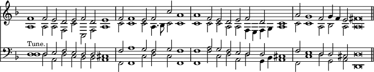 { << \new Staff <<
\new Voice \relative f' { \key d \minor \override Score.TimeSignature #'stencil = ##f \stemUp \time 5/1
f1 f2 e d e f d e1 | %end line 1
\time 4/1 f2 f1 e2 f c' a1 |
\time 5/1 a f2 e d e f d c1 | %end line 2
a'2 g1 f2 g4 f e2 fis\breve \bar "||" }
\new Voice \relative a { \stemDown
a1 a2 a f c' c, f a1 | %end line 1
c2 c1 c2 a4. bes8 c2 c1 | c c2 c a a f4 e f g a1 | %end line 2
c2 c1 a2 bes a a\breve } >>
\new Staff <<
\new Voice \relative d { \key d \minor \clef bass \stemUp
d1^\markup \small "Tune." d2 e f e d d cis1 | %end line 1
f2 a1 g2 f g f1 | f a2 g f e d d cis1 | %end line 2
f2 e1 d2 d cis d\breve }
\new Voice \relative d { \stemDown
d1 d2 a d c bes bes a1 | %end line 1
f2 f1 c'2 d c f,1 | f f'2 c d a d g,4 bes a1 | %end line 2
f2 c'1 d2 g, a d,\breve } >> >> }