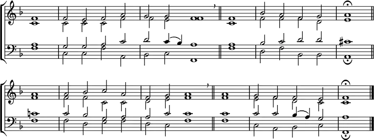 
\new ChoirStaff <<
  \new Staff { \clef treble \time 4/2 \key f \major \partial 1 \set Staff.midiInstrument = "church organ" \omit Staff.TimeSignature \set Score.tempoHideNote = ##t \override Score.BarNumber  #'transparent = ##t
  \relative c'
  << { f1 | 2 e f a | g g f1 \breathe \bar"||" 
       \time 2/2 f | \time 4/2 bes2 a f g | a1 \fermata \bar"||" \break
       a | a2 bes c a | f g a1 \breathe \bar"||"
       \time 2/2 a | \time4/2 g2 f f e | f1 \fermata | \bar"|." } \\
  { c1 | 2 2 2 f | f e f1 | c | f2 f f d | e1
    f | f2 f c c | d e f1 | f | e2 f d c | c1 } >>
  } 
\new Staff { \clef bass \key f \major \set Staff.midiInstrument = "church organ" \omit Staff.TimeSignature
  \relative c'
  << { a1 | g2 g a c | d c4( bes) a1 | a | bes2 c d d | cis1
       c | c2 bes g a | a c c1 | c | c2 c bes4( a) g2 | a1 } \\
  { f1 | c2 c f a, | bes c f,1 | f' | d2 f bes, bes | a1 \fermata
    f' | f2 d e f | d c f1 | f | c2 a bes c | f,1 \fermata } >>
  } 
>>
\layout { indent = #0 }
\midi { \tempo 2 = 66 }
