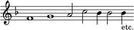 { \relative f' { \key f \major \override Score.TimeSignature #'stencil = ##f \cadenzaOn
 f1 g a2 c bes4 bes2 bes4_"etc." } }