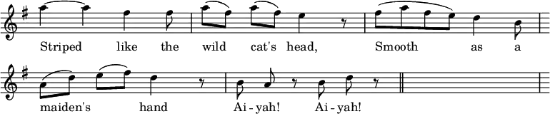 
  \relative c'' {
    \key g \major
    \time 7/8
    \override Staff.TimeSignature #'stencil = ##f
    \override Staff.StaffSymbol #'width = #110
    \override Score.BarNumber #'stencil = ##f
    a'~a fis fis8 |
    a[( fis)] a[( fis)] e4 r8 |
    fis8 [( a8 fis8 e8)] d4 b8 |
    \break
    a8[( d8)] e8[( fis8)] d4 r8 |
    b8 a8 r8 b8 d8 r8 \bar "||"
    | s % empty bar goes here. How to represent?
  }
  \addlyrics {
   Striped like the |
   wild cat's head, |
   Smooth as a |
   \break
   maiden's ___ hand |
   Ai -- yah! Ai -- yah! |
   | % empty bar goes here.
  }
