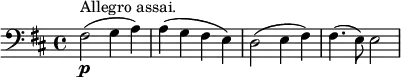 
\relative c {
 \time 4/4
  \new Staff {
   \clef "bass"
 \key d \major
     fis2(\p^"Allegro assai." g4 a) |
     a4( g fis e) |
     d2( e4 fis) |
     fis4.( e8) e2 |
    }
}
