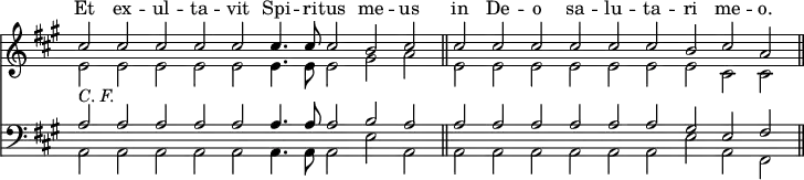 << \new Staff = "staff" <<
\new Voice = "melody" \relative c'' { \key a \major \stemUp \omit Score.TimeSignature \cadenzaOn
cis2 cis cis cis cis cis4. cis8 cis2 b cis \bar "||"
cis2 cis cis cis cis cis b cis a \bar "||" }
\new Voice \relative e' { \stemDown \cadenzaOn
e2 e e e e e4. e8 e2 gis a
e2 e e e e e e cis cis }
\new Lyrics \with { alignAboveContext = "staff" }
{ \lyricsto "melody" {
Et ex -- ul -- ta -- vit Spi -- ri -- tus me -- us
in De -- o sa -- lu -- ta -- ri me -- o. } } >>
\new Staff <<
\new Voice \relative a { \clef bass \key a \major \stemUp \cadenzaOn
a2^\markup \italic "C. F." a a a a a4. a8 a2 b a
a2 a a a a a gis e fis }
\new Voice \relative a, { \stemDown \cadenzaOn
a2 a a a a a4. a8 a2 e' a,
a2 a a a a a e' a, fis } >> >>