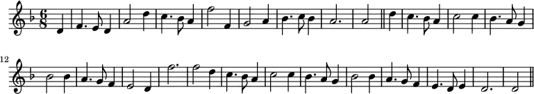 
\header {
  tagline = ""  %% removes "Music engraving by LilyPond 2.18.2—www.lilypond.org" footer, which unsurprisingly was not in the 1651 ed.
}

\new Staff { \time 6/8 \key f \major \clef treble \partial 4
  \relative c'' { 
       d,4  \bar "|" f4. e8 d4 a'2 d4 c4. bes8 a4 f'2 f,4 g2 a4 bes4. c8 bes4 a2. a2 \bar "||"
       d4 c4. bes8 a4 c2 c4 bes4. a8 g4 bes2 bes4 a4. g8 f4 e2 d4 f'2. f2 |
       d4 c4. bes8 a4 c2 c4 bes4. a8 g4 bes2 bes4 a4. g8 f4 e4. d8 e4 d2. d2 \bar "||"
  }
}
  \midi { \tempo 2 = 120  \set Staff.midiInstrument = "recorder" }
  %%please feel free to change instrument to something else, see https://lilypond.org/doc/v2.21/Documentation/notation/midi-instruments
  \layout { }
