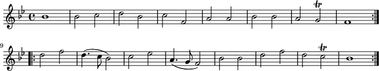 { \relative b' { \key bes \major \time 4/4
\repeat volta 2 { bes1 | bes2 c | d bes | c f, | a a | %end line 1
bes bes | a g\trill f1 }
\repeat volta 2 { d'2 f | d4.( c8 bes2) | c2 ees | %end line 2
a,4.( g8 f2) | bes bes | d f | d c\trill | bes1 } } }