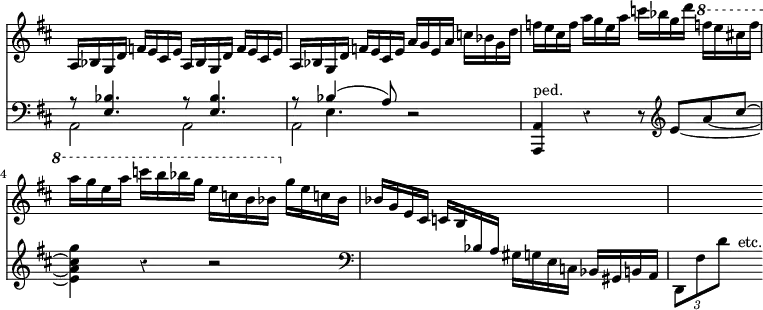 << \new Staff = "up" { \key d \major \override Score.TimeSignature #'stencil = ##f \time 4/4 \override Score.Rest #'style = #'classical \relative a { \repeat unfold 3 { a16 bes g d' f e cis e } a g e a c bes g d' | f e cis f a g e a c bes g d' \ottava #1 f e cis f a g e a c b bes g e c b bes \ottava #0 g e c b | bes g e cis c b \change Staff = "down" bes a gis g e c bes gis b a | \times 2/3 { d,8 fis' d' } \change Staff = "up" s4 } }
\new Staff = "down" { \clef bass \key d \major \relative b { << { r8 <bes e,>4. r8 q4. | r8 << { bes4( a8) } \\ { e4. } >> } \\ { a,2 a a } >> r2 | <a a,>4^"ped." r4 r8 \clef treble \set tieWaitForNote = ##t e''8 ~ a ~ cis ~ <g' cis, a e>4 r r2 \clef bass s1 s4 s^"etc." } } >>