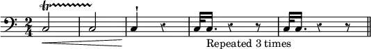{ \clef bass \time 2/4 \override Score.Rest #'style = #'classical c2\< \startTrillSpan c \stopTrillSpan c4^\staccatissimo\! r c32 c16.-"Repeated 3 times" r4 r8 c32 c16. r4 r8 \bar "||" }