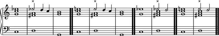 \new PianoStaff << \new Staff \relative { \time 4/4 \override Score.TimeSignature #'stencil = ##f <g' c es>1 << { es'2^"×" d4 c } \\ <fis, a>1 >> <g b> \bar ".." <g c e!> << { e'2^"×" d4 c } \\ <fis, a>1 >> <g b> \bar ".." <g es'> << { es'2^"×" d } \\ <fis, a c>1 >> \bar ".." <g c e!> << { e'2^"×" d } \\ <fis, a c>1 >> \bar ".." } \new Staff { \clef bass c d g, c d g, c d c d } >>