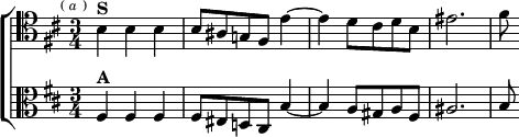 \new ChoirStaff <<
\new Staff \relative b { \clef tenor \key b \minor \time 3/4 \mark \markup \tiny { ( \italic a ) }
b4^\markup \bold "S" b b | b8 ais g! fis e'4 ~ |
e d8 cis d b | eis2. | fis8 }
\new Staff \relative f { \clef alto \key b \minor
fis4^\markup \bold "A" fis fis | fis8 eis d! cis b'4 ~ |
b a8 gis a fis | ais2. | b8 } >>