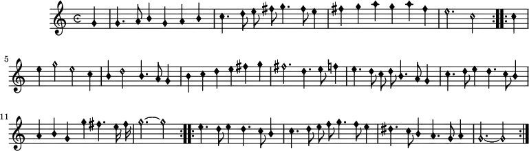 
music = {
    \language "english"
    {
        { \new PianoStaff <<
            { \new Staff <<
                \set Staff.midiInstrument = "violin"
                \relative c'' {
                    \autoBeamOff
                    \set Score.tempoHideNote = ##t \tempo 4 = 130
                    \clef "petrucci-b1"
                    \override Staff.TimeSignature.style = #'neomensural
                    \override NoteHead.style = #'petrucci 
                    \key c \major
                    \time 6/4
                    
                    % first line
                    \repeat volta 2 {
                        \stemUp \partial 4 g4 |
                        g4. a8 b4 g a b |
                        \stemDown c4. d8 e fs g4. fs8 e4 |
                        fs g a g a fs |
                        e2. c2 |
                    }
                    \repeat volta 2 {
                        c4 |
                        e g2 e c4 |
                        \stemUp b \stemDown d2 \stemUp b4. a8 g4 |
                        \stemDown b c d e fs g |
                        
                        % second line
                        fs2. d4. e8 f4 |
                        e4. d8 c d \stemUp b4. a8 g4 |
                        \stemDown c4. d8 e4 d4. c8 \stemUp b4 |
                        a b g \stemDown g' fs4. e16 fs |
                        g2. ~ g2 |
                    }
                    
                    \repeat volta 2 {
                        \partial 4*6 e4. d8 e4 d4. c8 \stemUp b4 |
                        \stemDown c4. d8 e f g4. f8 e4 |
                        
                        % third line
                        ds4. c8 \stemUp b4 a4. g8 a4 |
                        \partial 4*5 g2. ~ g2 |
                    }
                }
            >> }
        >> }
    }
}
\header {
    tagline = "" % no footer
}
\score {
  \music
  \layout { }
}
\score {
  \unfoldRepeats {
    \music
  }
  \midi { }
}
