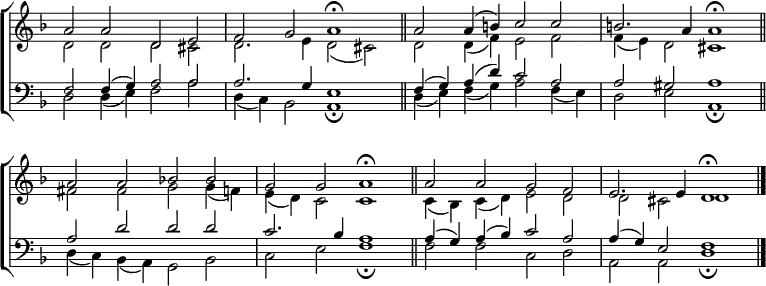 
\new ChoirStaff <<
  \new Staff { \clef treble \time 4/2 \key d \minor \set Staff.midiInstrument = "church organ" \omit Staff.TimeSignature \set Score.tempoHideNote = ##t \override Score.BarNumber  #'transparent = ##t 
  \relative c''
  << { a2 a d, e | f g a1 \fermata \bar"||" a2 a4( b) c2 c | b2. a4 a1 \fermata \bar"||" \break
       a2 a bes! bes | g g a1 \fermata \bar"||" a2 a g f | e2. e4 d1 \fermata \bar"|." } \\
  { d2 d d cis | d2. e4 d2( cis) | d d4( f) e2 f | f4( e) d2 cis1 |
    fis2 fis g g4( f) | e( d) c2 c1 | c4( bes) c( d) e2 d | d cis d1 } >>
  } 
\new Staff { \clef bass \key d \minor \set Staff.midiInstrument = "church organ" \omit Staff.TimeSignature
  \relative c
  << { f2 f4( g) a2 a | a2. g4 e1 | f4( g) a( d) c2 a | a gis a1 |
       a2 d d d | c2. bes4 a1 | a4( g) a( bes) c2 a | a4( g) e2 f1 } \\
  { d2 d4( e) f2 a | d,4( c) bes2 a1 \fermata | d4( e) f( g) a2 f4( e) | d2 e a,1 \fermata |
    d4( c) bes( a) g2 bes | c e f1 \fermata | f2 f c d | a a d1 \fermata } >>
  } 
>>
\layout { indent = #0 }
\midi { \tempo 2 = 54 }
