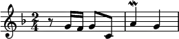 { \time 2/4 \key f \major \relative g' { r8 g16 f g8 c, a'4\mordent g } }