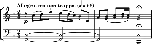  
\new StaffGroup <<
\new Staff = "right" {
        \key f \major
        \time 2/4
         \tempo "Allegro, ma non troppo." 4 =66
        r8 \p
        a'8 [(bes'8) d''\staccato]
        |
        c''8 (bes'16 a'16 )
        g'8\staccato c'8
        |
        f'8 <e' g'>8
        (<f' a'>8
        <g' bes'>16
        <f' a'>16
        )
        |
        <e' g'>2\fermata
}
\new Staff ="left" {
        \clef bass
        \key f \major
        \time 2/4
        <f, c>2~
        <f, c>2~
        <f, c>2
        <c, c>2\fermata
}
>>

