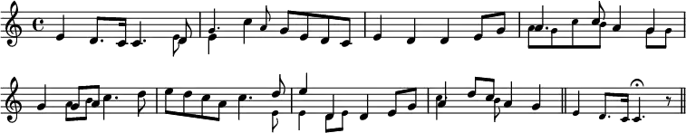 { \time 4/4 \override Score.BarNumber #'break-visibility = #'#(#f #f #f) \relative e' {
e4 d8. c16 c4. << { d8 } \\ { \tiny e } >> |
<< { \tiny g4. a8 } \\ { \normalsize e4 c' } >> g8 e d c |
e4 d d e8 g | %end line 1
<< { a4. c8 a4 g | g g8 a } \\
{ \tiny a8 g c b s4 g8 g | s4 a8 b } >> c4. d8 |
e8 d c a c4. << { d8 | e4 d, } \\ { \tiny e8 | e4 d8 e } >>
d4 e8 g |
<< { a4 d8 c } \\ { \tiny c4. b8 } >> a4 g \bar "||"
\tiny e4 d8. c16 c4.\fermata r8 \bar "||" } }