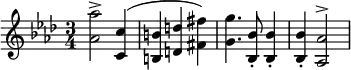 { \relative a' { \key aes \major \time 3/4
<aes aes'>2^> <c c,>4^( | <b b,> <d d,> <fis fis,>) |
<g g,>4. <bes, bes,>8_. q4_. | q4_. <aes aes,>2^> } }