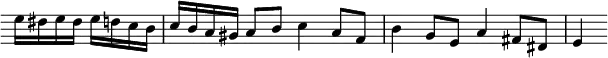 { \relative e'' { \override Score.TimeSignature #'stencil = ##f \override Score.Clef #'stencil = ##f \partial 2
e16 dis e dis e d c b | c b a gis a8 b c4 a8 f |
b4 g8 e a4 fis8 dis | e4 } }