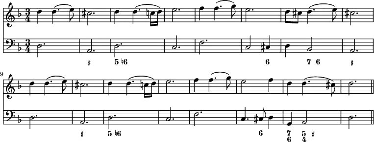 { \time 3/4 \key d \minor << \relative d'' { d4 d4.( e8) cis2. d4 d4.( c!16 d) e2. f4 f4.( g8) e2. d8 cis d4.( e8) cis2. d4 d4.( e8) cis2. d4 d4.( c!16 d) e2. f4 f4.( g8) e2 f4 d d4.( cis8) d2. \bar "||" }
\new Staff { \clef bass \key d \minor \relative d { d2. a d c f c2 cis4 d bes2 a2. d a d c f c4. cis8 d4 g, a2 d2. } }
\figures { <_>2. <_+> <5>8 <6!> <_>2 <_>2. <_> <_>2 <6>4 <_> <7>8 <6> <_>4 <_+>2. <_> <_+> <5>8 <6!> <_>2 <_>1. <_>4. <6>8 <_>4 <7 6> <5 4>8 <_+> } >> }