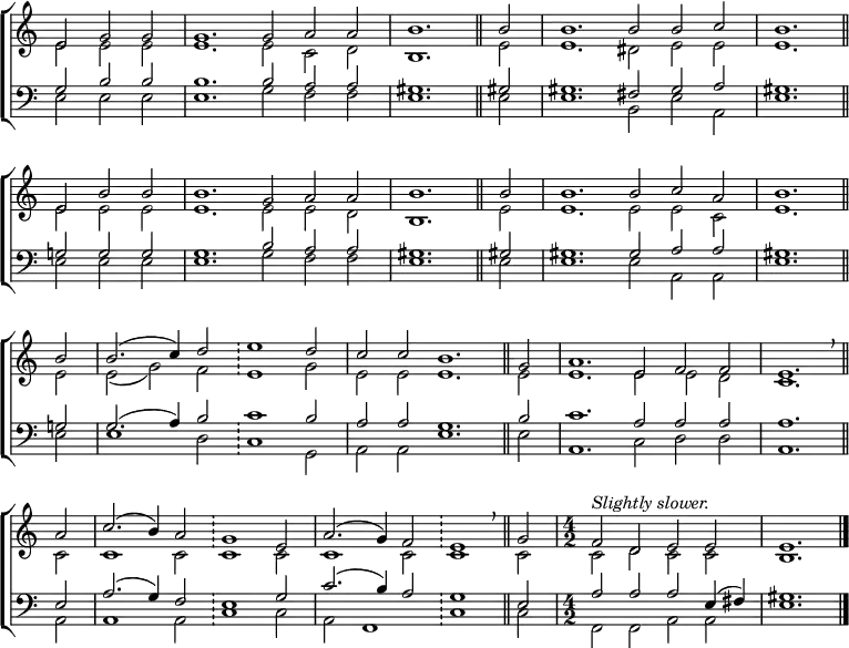 
\new ChoirStaff <<
  \new Staff { \clef treble \time 6/2 \key c \major \partial 1. \set Staff.midiInstrument = "church organ" \omit Staff.TimeSignature \set Score.tempoHideNote = ##t \override Score.BarNumber  #'transparent = ##t 
  \relative c'
  << { e2 g g | g1. g2 a a | \time 4/2 b1. \bar"||" b2 | \time 6/2 b1. b2 b c | b1. \bar"||" \break
       e,2 b' b | b1. g2 a a | \time 4/2 b1. \bar"||" b2 | \time 6/2 b1. b2 c a | \time 4/2 b1. \bar"||" \break
       b2 | \time 6/2 b2.( c4) d2 \bar"!" e1 d2 | c c b1. \bar"||" g2 | a1. e2 f f | \time 4/2 e1. \breathe \bar"||" \break
       a2 | \time 6/2 c2.( b4) a2 \bar"!" g1 e2 | a2.( g4) f2 \bar"!" e1 \breathe \bar"||" g2 | \undo \omit Staff.TimeSignature \time 4/2 ^\markup \italic "Slightly slower." f d e e | e1. \bar"|." } \\
  { e2 e e | e1. e2 c d | b1. e2 | e1. dis2 e e | e1.
    e2 e e | e1. e2 e d | b1. e2 | e1. e2 e c | e1.
    e2 | e( g) f e1 g2 | e e e1. e2 | e1. e2 e d | c1.
    c2 | c1 c2 c1 c2 | c1 c2 c1 c2 | c d c c | b1. } >>
  } 
\new Staff { \clef bass \key c \major \set Staff.midiInstrument = "church organ" \omit Staff.TimeSignature \override Staff.NoteHead.style = #'altdefault
  \relative c'
  << { g2 b b | b1. b2 a a | gis1. gis!2 | gis1. fis2 gis a | gis1.
       g!2 g g | g1. b2 a a | gis1. gis!2 | gis1. gis2 a a | gis1.
       g!2 g2.( a4) b2  c1 b2 | a a g1. b2 | c1. a2 a a | a1.
       e2 | a2.( g4) f2 e1 g2 | c2.( b4) a2 g1 e2 | \undo \omit Staff.TimeSignature a a a e4( fis) | gis1. } \\
  { e2 e e | e1. g2 f f | e1. e2 | e1. b2 e a, | e'1.
    e2 e e | e1. g2 f f | e1. e2 | e1. e2 a, a | e'1.
    e2 | e1 d2 c1 g2 | a a e'1. e2 | a,1. c2 d d | a1.
    a2 | a1 a2 c1 c2 | a2 f1 c'1 c2 | f, f a a | e'1. } >>
  } 
>>
\layout { indent = #0 }
\midi { \tempo 2 = 84 }

