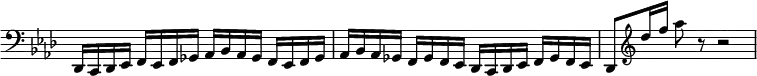 { \relative d, { \clef bass \key aes \major \override Score.TimeSignature #'stencil = ##f
des16 c des ees f ees f ges aes bes aes ges f ees f ges |
aes bes aes ges f ges f ees des c des ees f ges f ees |
des8 \clef treble des'''16 f aes8 r r2 } }