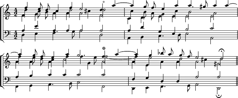 \new ChoirStaff << \override Score.BarNumber #'break-visibility = #'#(#f #f #f)
\new Staff { \time 4/2 \relative f''
<< { \autoBeamOff f4 e8 d c4 f e2 \stemDown d2^"*" |
c4 b8 a g4 c b2 a |
f'4 e8 d c4 f f4. e8 \stemUp f4^"⊕" a ^~ |
a g bes8 a g f e2 d\fermata \bar "||" } \\
{ \autoBeamOff \stemDown d4 c8 b c4 d2 cis4 \stemUp d a' ^~ |
a g8 f e4 a a4. gis8 a4 a ^~ |
a g8 f e4 a g2 \stemDown f _~ |
f4 e2 d cis4 d2 } \\
{ \stemDown f,4 g a a a2 f | c4 d e e e2 e |
a4 a a c2 g4 a2 | a4 e a a a2 fis } >>
}
\new Staff << \clef bass
\new Voice \relative a {
\stemUp a4 e' a, a a2 a | a4 d g, e b'2 c |
a4 b c c c2 c | f,4 g d d a'2 a }
\new Voice \relative d {
\stemDown d4 e f4. g8 a2 d, | a4 b c4. d8 e2 a, |
f4 g a4. b8 c2 f, | d4 e f4. g8 a2 d,_\fermata } >> >>