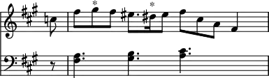 { \time 12/8 \override Score.TimeSignature #'stencil = ##f << \new Staff { \key a \major \partial 8 \relative c'' { c8 | fis gis^"*" fis eis8. dis16^"*" eis8 fis cis a fis4 s8 } }
\new Staff { \clef bass \key a \major r8 <fis a>4. <gis b> <a cis'> s } >> }