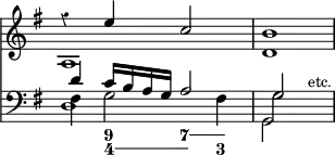 { \override Score.Rest #'style = #'classical \override Score.TimeSignature #'stencil = ##f << \new Staff { \time 2/2 \key g \major << { r4 e'' c''2 | b'1 } \\ { a1 d' } >> }
\new Staff << \clef bass \key g \major << { d'4 c'16 b a g a2 g s2^\markup { \smaller etc. } } \\ { fis4 g2 fis4 g2 } \\ { } \\ { d1 g,2 } >>
\figures { <_>4 \bassFigureExtendersOn <9 4> <7 4> <7 3> } >> >> }