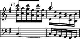 { << \new Staff << \override Score.TimeSignature #'stencil = ##f \time 3/8 \mark \markup \small "(f)" \key g \major
\new Voice \relative d''' { \stemUp
d8-. d-. d-. | b4. }
\new Voice \relative a' { \stemDown
<a fis'>16 <c a'> <b g'> <a fis'> <g e'> <a fis'> |
<d, g'> <g d'> <fis c'> <g b> <a c,> <b b,> } >>
\new Staff \relative c { \clef bass \key g \major
c4. ~ | c16 b a g fis g } >> }