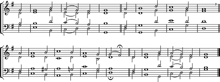 
\new ChoirStaff <<
  \new Staff { \clef treble \time 3/2 \key g \major \partial 2 \set Staff.midiInstrument = "church organ" \omit Staff.TimeSignature \set Score.tempoHideNote = ##t \override Score.BarNumber  #'transparent = ##t
  \relative c''
  << { g2 | 1 b2 | a( g) fis | g1 \bar"||" 
       a2 | b1 d2 | c1 b2 | a1 \breathe \bar"||" \break
       a2 | 1 b2 | c1 b2 | a1 g2 | g( fis) \fermata \bar"||" 
       d | g1 b2 | a( g) fis) | g1 \bar"|." } \\
  { d2 | e1 g2 | e( d) d | d1 2 | 1 g2 | 1 2 | fis1
    d2 | e1 d2 | c1 d2 | e1 b2 | d1 2 | 1 g2 | e( d) d | d1 } >>
  } 
\new Staff { \clef bass \key g \major \set Staff.midiInstrument = "church organ" \omit Staff.TimeSignature
  \relative c'
  << { b2 | 1 d2 | c( b) a | b1 fis2 | g1 d'2 | e1 d2 | 1
       fis,2 | a1 gis2 | a1 g!2 | c1 g2 | a1 fis2 | g1 d'2 | c( b) a | b1 } \\
  { g2 | e1 b2 | c( d) d | g,1 d'2 | g,1 b2 | c1 g'2 | d1
    d2 | c1 b2 | a1 b2 | c1 e2 | d1 \fermata 2 | b1 g2 | c( d) d | g1 } >>
  } 
>>
\layout { indent = #0 }
\midi { \tempo 2 = 90 }
