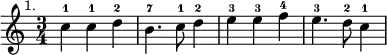 { \relative c'' { \time 3/4 \mark \markup \small "1."
c4-1 c-1 d-2 | b4.-7 c8-1 d4-2 | e-3 e-3 f-4 | e4.-3 d8-2 c4-1 } }