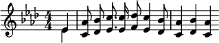 
    \relative c' { 
    \key aes \major \time 4/4
    \numericTimeSignature
    \autoBeamOff
    \partial 4 << { ees } \\ { ees } >>
    <c aes'>8 <des bes'> <ees c'>8. <ees c'>16 <f des'>8 <ees c'>4 <des bes'>8
    <c aes'>4 <des bes'> <c aes'>
	}

