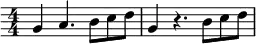 
\relative c'' { \override Score.Clef #'stencil = ##f \time 4/4 \numericTimeSignature g4 a4. b8[ c d ] | g,4 r4. b8[ c d ] }
