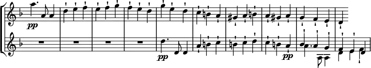
\relative c'' {
\override Score.TimeSignature #'stencil = ##f
  \new StaffGroup <<
    \new Staff { \key d \minor \time 3/4 
      a'4.\pp a,8 a4 d-! e-! f-! e-! f-! g-! f-! e-! d-! g-! e-! d-! c-! b-! a-! gis-! a-! b-! a-! gis-! a-! g-! f-! e-! d-! |
    }
    \new Staff { \key d \minor \time 3/4 
      R2. R2. R2. R2. d'4.\pp d,8 d4 a'-! b-! c-! b-! c-! d-! c-! b-! a-!\pp << { bes-! a-! g-! f-! e-! d } \\ {a'4. a,8 a4 d e f-!} >>
    }
  >>
}
