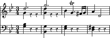 { \override Score.Rest #'style = #'classical \time 3/4 \key g \minor << \relative d'' { << { d2. | g | } \\ { g,4 r r | <g d'> r r | } >> bes4 g4.\trill fis16 g | a4 d,2 }
\new Staff { \clef bass \key g \minor \relative g { <g bes>4 r r | <g bes,> r r | <g ees> r r | <fis d> r r | } } >> }