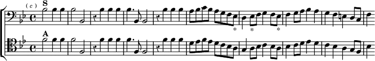 \new ChoirStaff << \override Score.Rest #'style = #'classical \override Score.BarNumber #'break-visibility = #'#(#f #f #f)
\new Staff \relative b { \clef bass \key bes \major \time 4/4 \mark \markup \tiny { (\italic "c") }
bes2^\markup \bold "S" bes4 bes | bes2 bes, | r4 bes' bes bes |
bes4. bes,8 bes2 | r4 bes' bes bes |
a8 bes c bes a g f ees_"*" | d4 ees8_"*" f g4 f8 ees_"*" |
f4 g8 a bes4 a | g f e d8 c | f4 }
\new Staff \relative f' { \clef tenor \key bes \major
f2^\markup \bold "A" f4 f | f2 f, | r4 f' f f |
f4. f,8 f2 | r4 f' f f |
d8 ees f ees d c bes a | g4 a8 bes c4 bes8 a |
bes4 c8 d ees4 d | c bes a g8 f | bes4 } >>