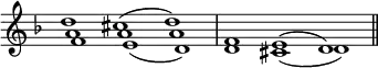 { \override Score.TimeSignature #'stencil = ##f \time 3/1 \key f \major <<
\new Voice \relative d'' { d1 cis^( d) | f, e^( d) \bar "||" }
\new Voice \relative a' { a1 a a }
\new Voice \relative f' { f1 e_( d) | d cis_( d) } >> }